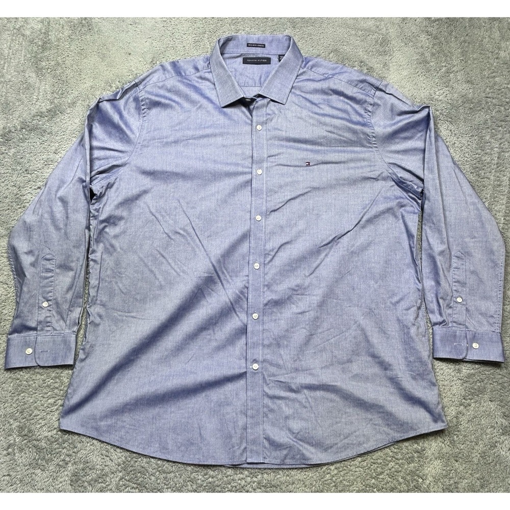 Tommy‎ Hilfiger Shirt Mens 2XL Blue Regular Fit Stretch Oxford OCBD Dress EUC